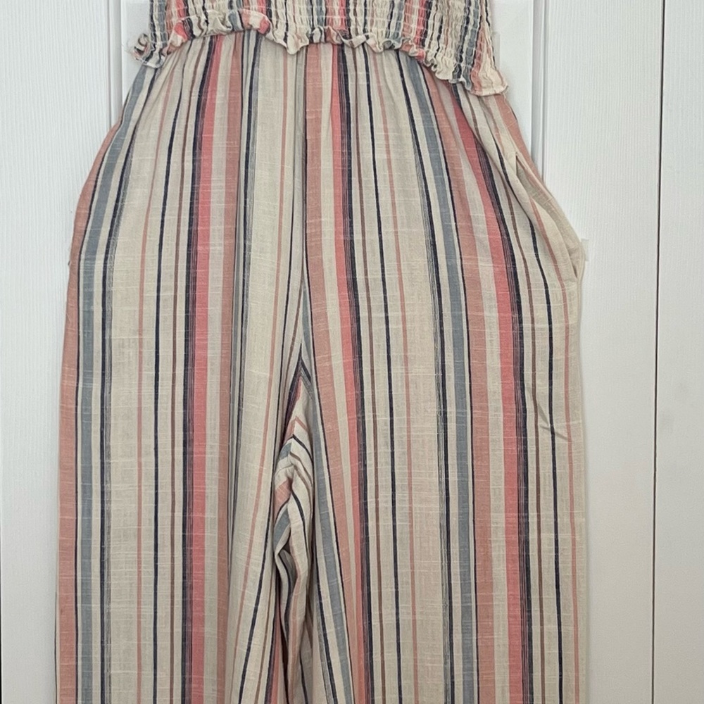 Versona Striped Linen Jumpsuit in Pink, Cream, and Blue